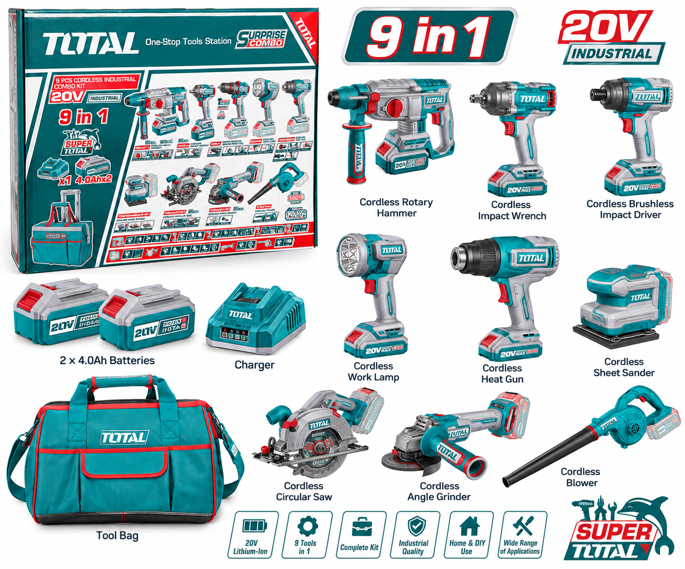 TOTAL 20V 9-Piece Cordless Industrial Combo Kit – 9-in-1