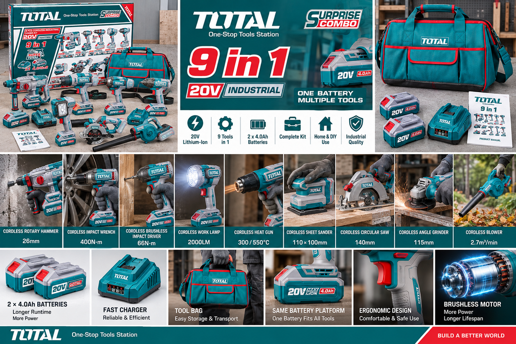 TOTAL 20V 9-Piece Cordless Industrial Combo Kit – 9-in-1
